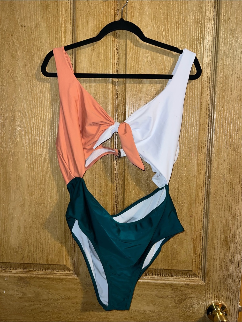Colorblock One-Piece Swimsuit in Coral, White & Teal. SHEIN 2X